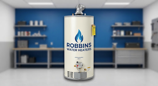 A new gas water heater with the Robbins Water Heaters logo on the tank
